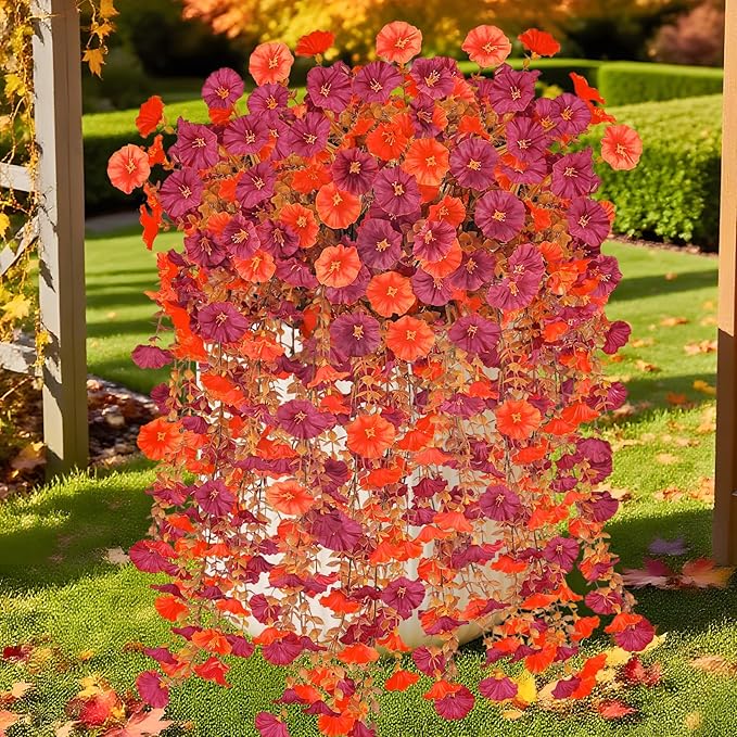 4 Pcs Artificial Hanging Flowers for Outdoor Fall Decoration, 4 Pcs Fake Fall Morning Glory Flowers UV Resistant Faux Petunias for Home Front Door Patio Decor (Dark Red Orange)