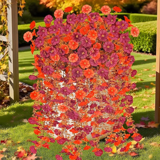4 Pcs Artificial Hanging Flowers for Outdoor Fall Decoration, 4 Pcs Fake Fall Morning Glory Flowers UV Resistant Faux Petunias for Home Front Door Patio Decor (Dark Red Orange)
