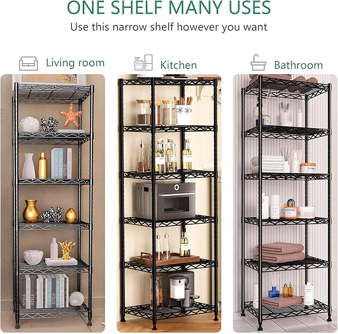 GIOTORENT 6-Tier Storage Shelves Standing Shelving Metal Units, Adjustable Height Wire Shelf Display Rack for Pantry Laundry Bathroom Kitchen 16.6” x 11.8” x 63”, Black