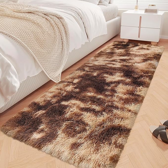 Super Soft Fluffy Living Room Area Rug 2x6 ft Tie-Dyed Brown Shaggy Furry Carpet Washable Non-Slip Floor Rugs Bedroom Bedside Nursery Rug Fuzzy Girls Boy Dorm Home Decor Aesthetic