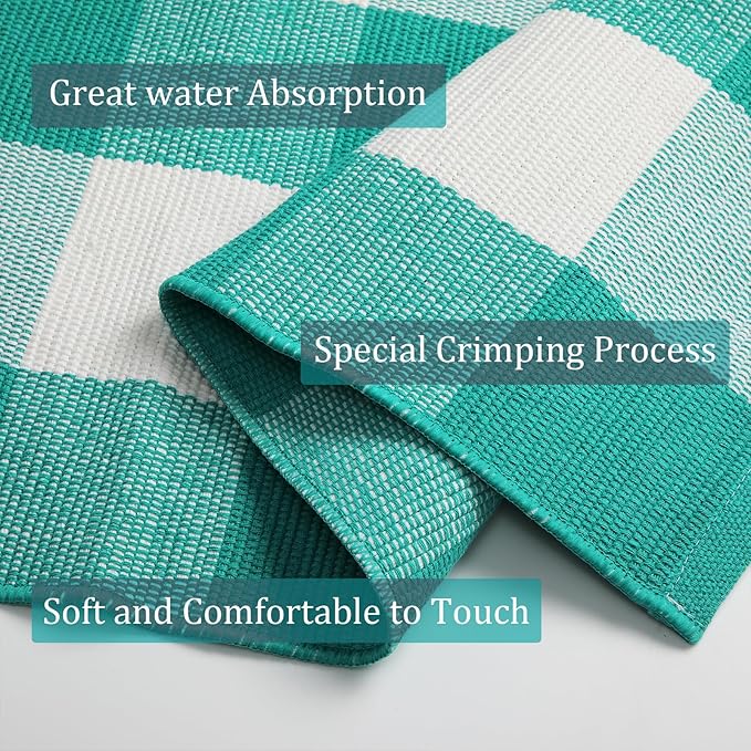 SEEKSEE Buffalo Plaid Outdoor Rug 4'x6' Light Blue and White Checkered Area Rug Washable Doormat Cotton Boho Bedroom Rug for Kitchen Entryway Hallway Front Door Farmhouse Living Room