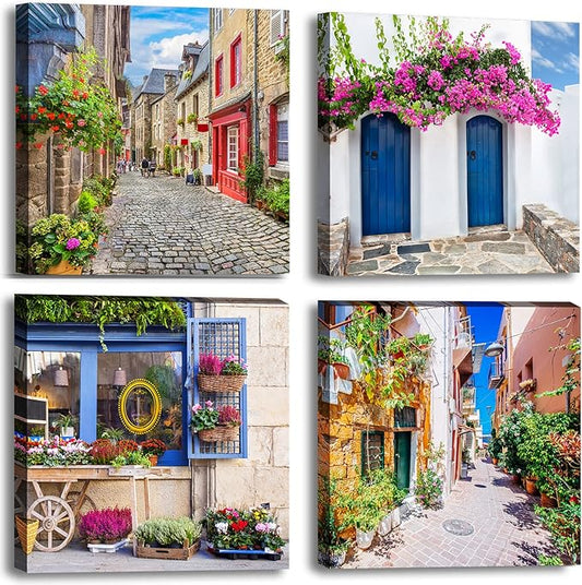 Italy Tuscan Wall Art, Colorful Nature Scenic Framed Pictures Canvas Prints, Modern Town Street Artwork Paintings for Living Room, Bedroom, Office Wall Decor