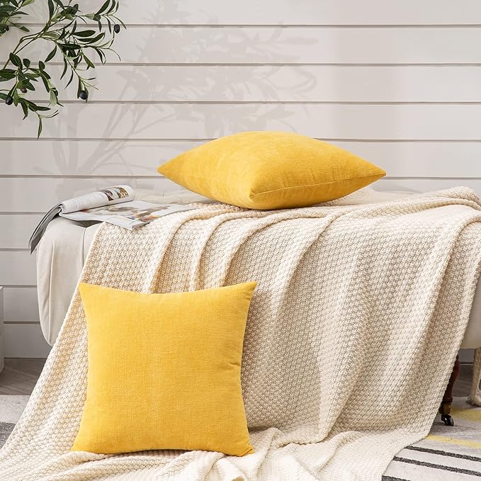 GAWAMAY Decorative Chenille Throw Pillow Covers 26x26 Inch Pack of 2, Soft Square Couch Pillow Cover for Sofa Cushion Living Room Bedroom Solid Dyed Oversized Pillowcases Yellow 66x66cm (ONLY Covers)