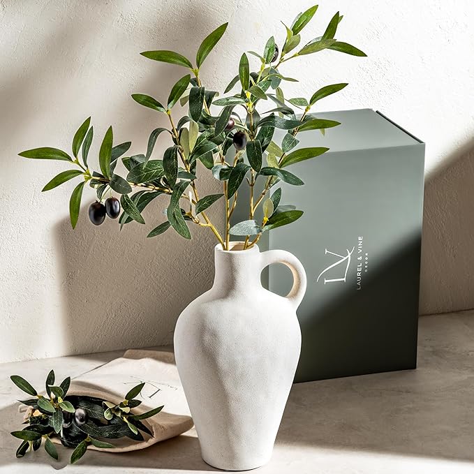 Luxurious Gift Set Textured Ceramic Vase 10 Inch with Olive Branches 22 Inch Tall White Medium Vase Artificial Topiaries Fake Plants, Minimalist Shelf Decor, Neutral Home Office High End Gifting Decor