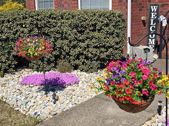 Artificial Faux Hanging Plants Flowers Basket for Summer Autumn, Colorful Daisy Flowers Eucalyptus UV Resistant Look Real for Outdoor Outside Porch Decoration