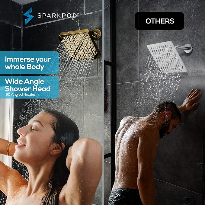 SparkPod Shower Head - High Pressure Rain - Premium Quality Luxury Design - 1-Min Install - Easy Clean Adjustable Replacement for Your Bathroom Shower Heads (Egyptian Gold, 6 Inch Square)
