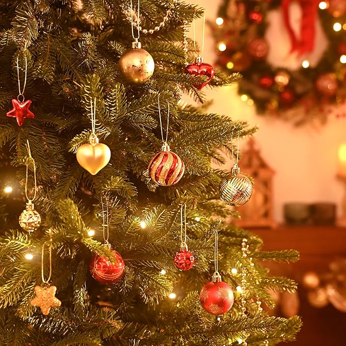 Valery Madelyn 28Pcs Christmas Heart Shaped Ornaments Gift Pack, Red and Gold Craft Painted Tree Heart Decorations, Christmas Baubles Hanging Indoor Holiday Party Xmas Decor