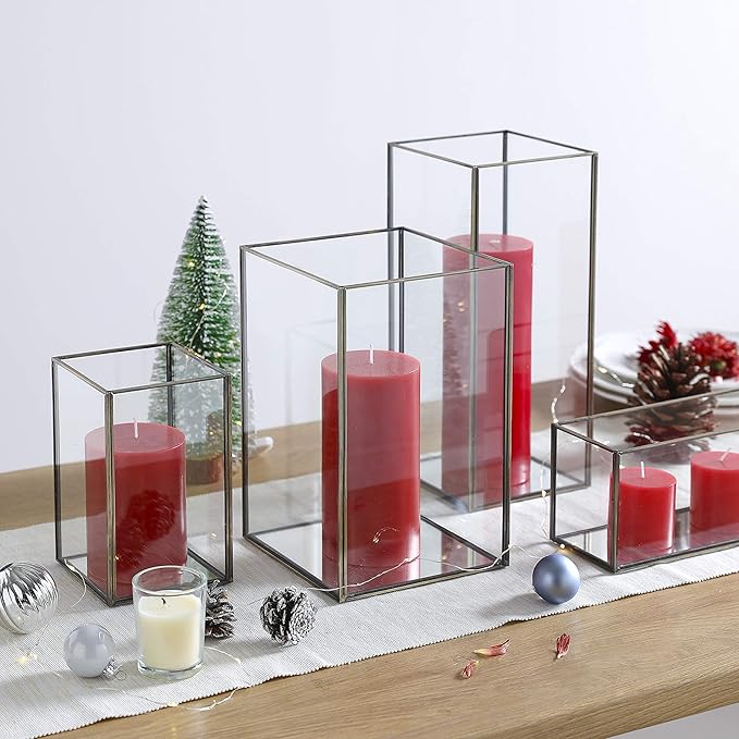 Set of 3 Square Glass Hurricane Candle Holders, Clear Glass Framed in Vintage Brass, Pefect for Spa, Hotel, Festival, Home Decoration,(Bronze Fram Finsh)