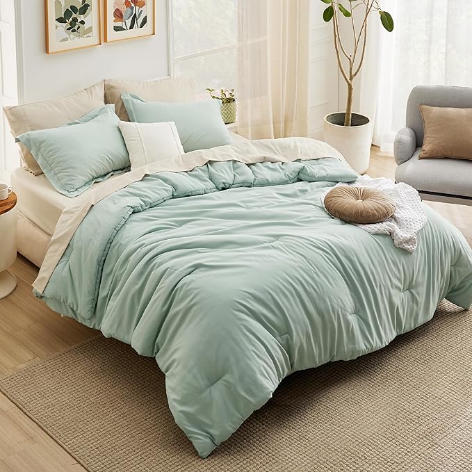 Bedsure California King Comforter Set Sage Green, 7 Pieces Soft Comforter for Cal King Size Bed with Sheets, Pillowcases & Shams, All Season Boho California King Size Bed in a Bag