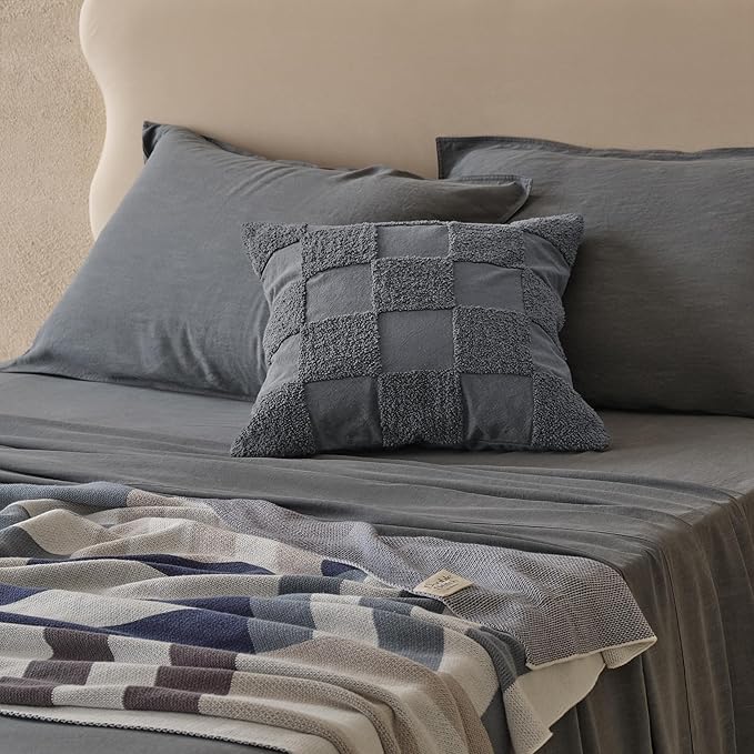 Double Stitch 100% Cotton Throw Pillow Covers - Checkered Tufted Boho Decorative Pillow Covers 20x20, Made in India, Square Cushion Case, Modern Home Decor for Couch, Sofa, Living Room, Charcoal Grey