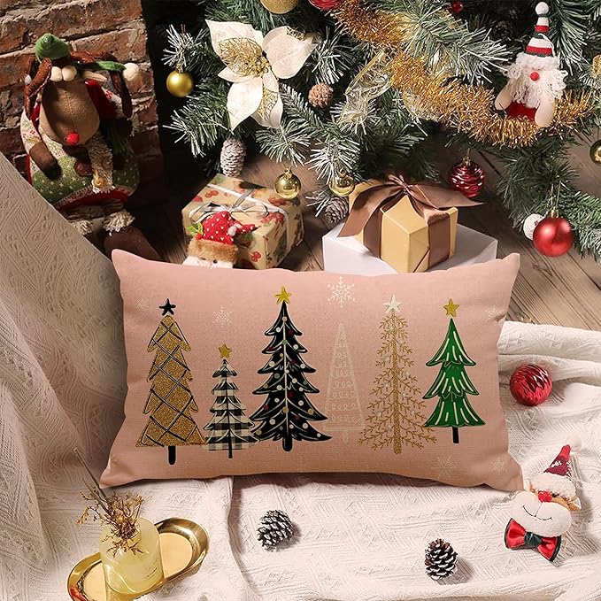 Pink Christmas Pillow Covers 12x20 Inch Black Green Gold Christmas Trees Throw Pillows Pillow Covers Merry Xmas Winter Holiday Decorative Pillow Covers Cushion Cases for Sofa Couch