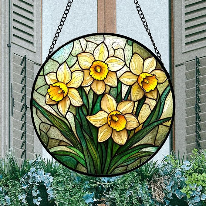 Stained Glass Window Hanging, Daffodil Plant Flowers Sun Catchers Diamond Glass Panel Hangings Suncatcher Decor for Birthday for Women, Men, Wife, Aunt, and Mom 14.9x14.9 in