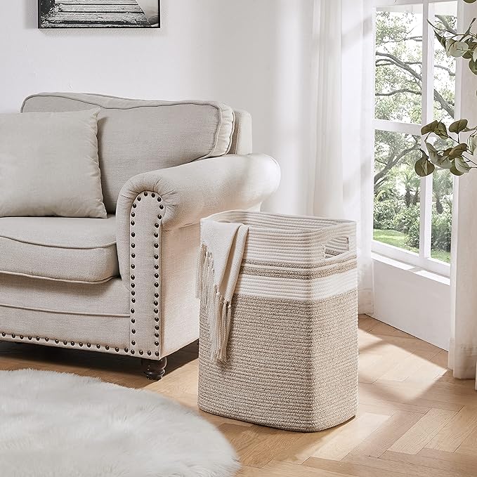 OIAHOMY Laundry Hamper-Laundry Basket,Tall Cotton Storage Basket with Handles,Decorative Blanket Basket for Living room,Collapsible Large Basket for Toys,Pillows,Clothes-16x13x22in-Yellow variegated