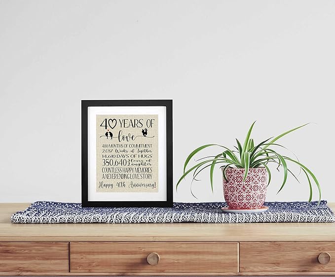 TOBOHU Framed 40 Years of Love Burlap Print, Gifts for Parents & Grandparents, Romantic Gifts for Couples, Happy 40th Anniversary Decoration