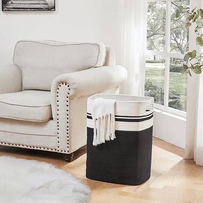 OIAHOMY Laundry Hamper-Laundry Basket,Tall Cotton Storage Basket with Handles,Decorative Blanket Basket for Living room,Collapsible Large Basket for Toys,Pillows,Clothes Organizer-16x13x22in-Black