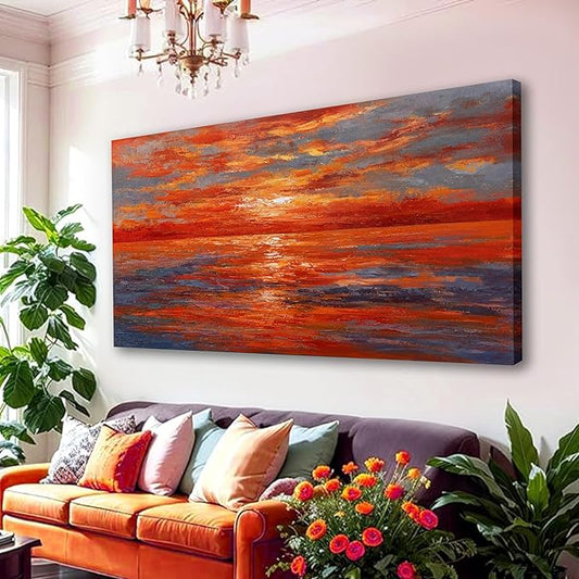 Red Sunset Ocean Abstract Wall Art Canvas Print Wall Decor Landscape Painting Framed Beach Artwork for Living Room Bedroom Office Farmhouse Bar Home Decor 24"x48"