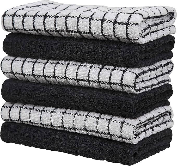 Bumble Kitchen Towels | 100% Cotton Dish Towels with Hanging Loop | 16"x 28" | 380GSM | Absorbent Kitchen Towel Set | 6 Pack, Black