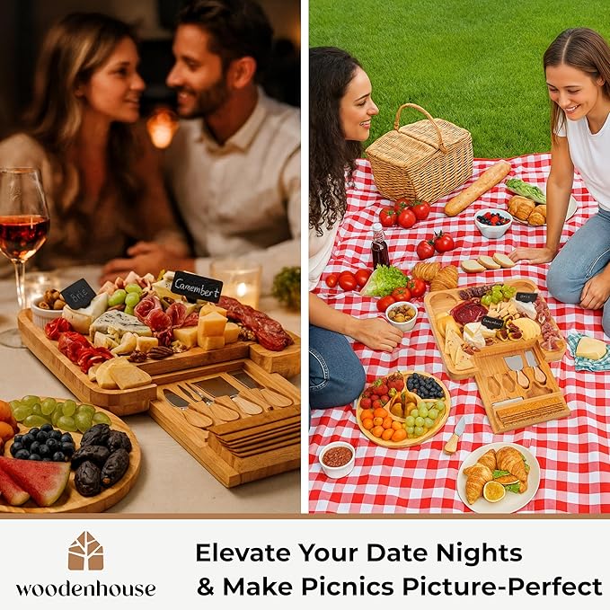 Charcuterie Boards, Bamboo Cheese Platter - Cheese Tray with Cheese Utensils, Fruit Tray, and 2 Bowls Included by Woodenhouse