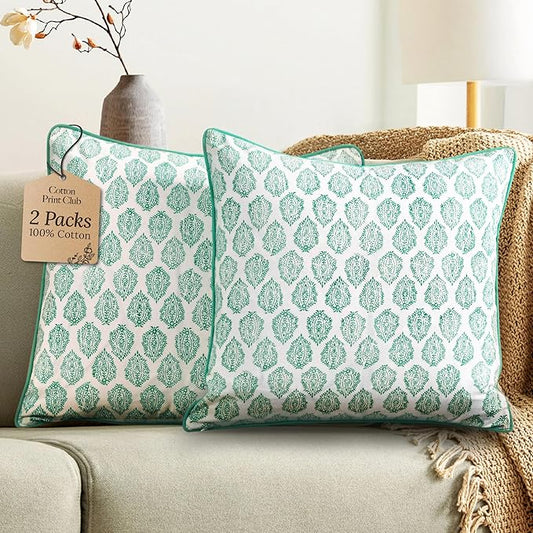 CPC 100% Cotton Throw Pillow Covers 18x18 Inch, Set of 2 Green Block Print Pattern Couch Pillow, Cute Boho Decorative Pillows for Living Room, Bedroom with Hidden Zipper- Sea Green