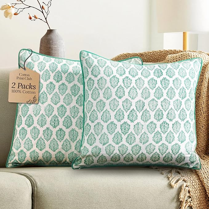 CPC 100% Cotton Throw Pillow Covers 24x24 Inch, Set of 2 Green Block Print Pattern Couch Pillow, Cute Boho Decorative Pillows for Living Room, Bedroom with Hidden Zipper- Sea Green