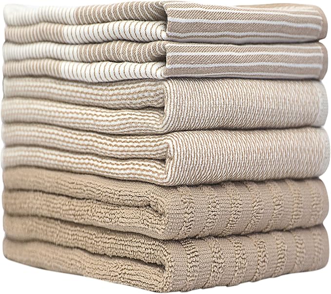 Premium Kitchen Towels (20”x 28”, 6 Pack) | Large Cotton Kitchen Hand Towels | Flat & Terry Dish Towel | Highly Absorbent Tea Towels Set with Hanging Loop | Tan