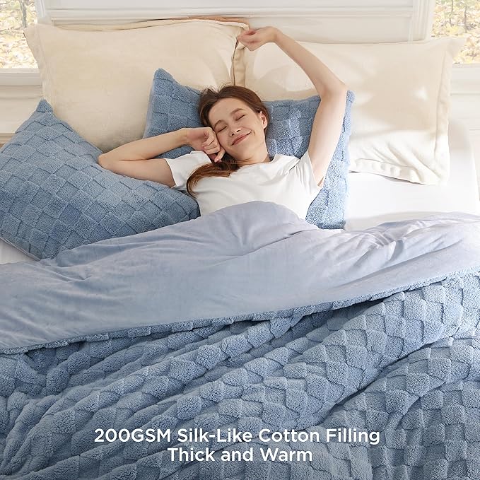 Bedsure Queen Fluffy Comforter Set, Ashley Blue Plush Fleece Bed Set, Checkered Farmhouse Boho Soft Warm Bedding for Winter, 3 Pieces, 1 Comforter (90"x90") and 2 Pillowcases (20"x26")