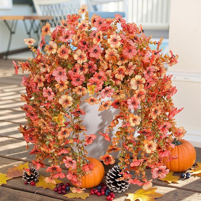 INSPRING Artificial Mums for Outdoors Decoration Fall Fake Flowers for Outside Decor, 2Pcs Silk Daisy with Eucalyptus UV Resistant Realistic Vines for Front Door Yard Patio Porch Planter Home