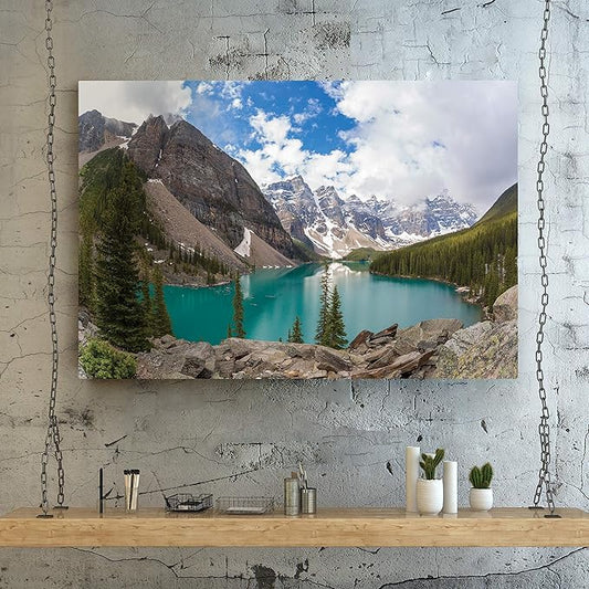 Renditions Gallery Canvas Nature Artwork Banff Valley Snowy Mountaing Range along the Lake Hanging Prints for Living Room Office Walls - 18"X27" LT08
