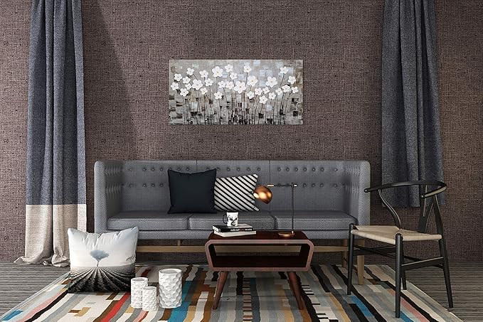 Yihui Arts Flower Canvas Wall Art Hand Painted Large 3D Grey and White Painting Modern Abstract Aesthetic Pictures Artwork for Living Room Bedroom Kithchen Decoration