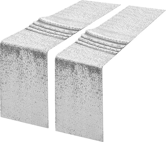 2 Packs 12 x 108 inches Silver Sequin Table Runner, Glitter Silver Table Runner for Wedding Birthday Bachelorette Holiday Party Supplies Decorations Bridal Shower Baby Shower