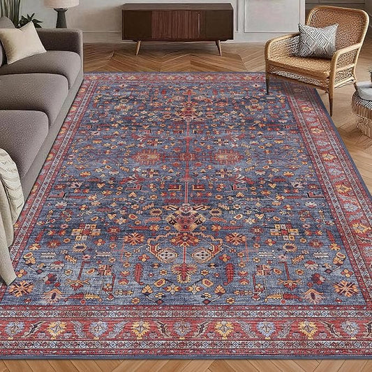 Washable Area Rug 9' x 12' Vintage Traditional Persian Mat - Foldable Distressed Non-Slip Machine Washable Carpet for Living Room Bedroom Kitchen Home Decor - Indigo and Crimson