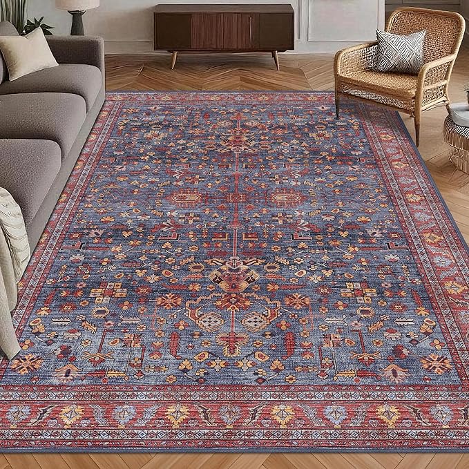 Washable Area Rug 4' x 6' Vintage Traditional Persian Mat - Foldable Distressed Non-Slip Machine Washable Carpet for Living Room Bedroom Kitchen Home Decor - Indigo and Crimson
