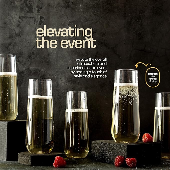 Clear Stemless Champagne Flutes Plastic 24 Pack - 9oz Plastic Champagne Glasses - Durable and Sturdy Mimosa Glasses For Parties - Shatterproof, Recyclable, BPA-Free, Smooth Rims.