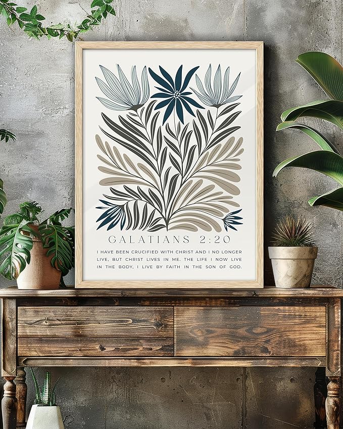 EcoHest Christian Bible Verse Floral Framed Wall Art, 12x16 in OAK Wood Boho Abstract Flowers Canvas Wall Art, Galatians 2:20 Home Decor, Beige Logs Christ Set of 1 for Bedroom Living Room