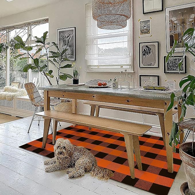 KOZYFLY Buffalo Plaid Rug 3x5 Ft Orange and Black Checke Orange Rug Halloween Fall Door Mat Woven Cotton Washable Area Rugs Door Mat Outdoor Entrance for Front Porch Entryway Fall Decor