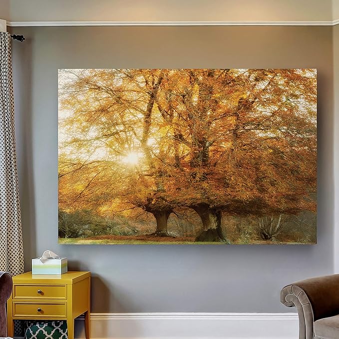 Renditions Gallery Nature Art Pictures & Prints Sunlight coming through Orange Autumn Trees Canvas Hanging Artwork for Bedroom Living Room Office Wall Decor - 18"X27" LT08