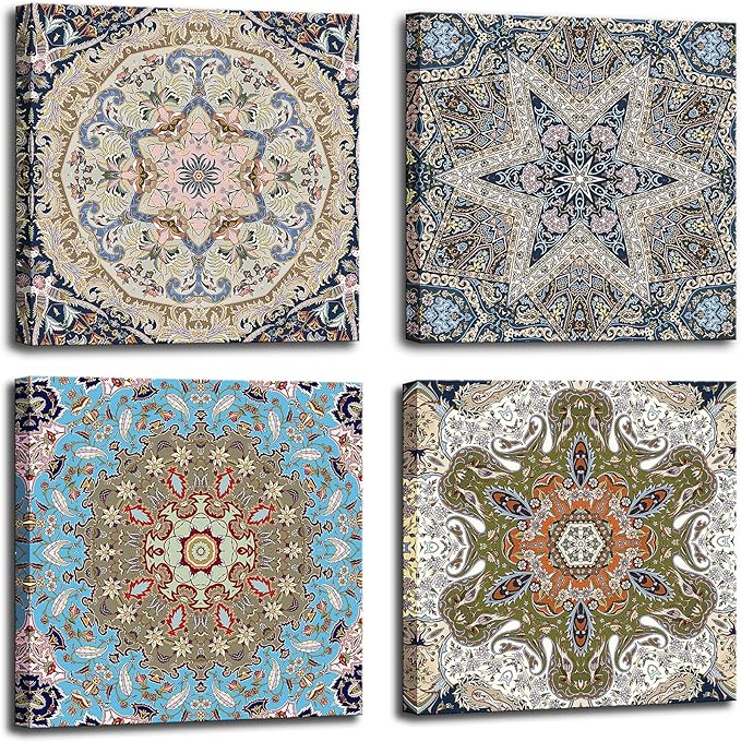 dgbtcart Bathroom Decor Mandala Wall Art, Boho Artwork Floral Pictures Painting Prints for Living Room Decoration - 12”x12”x4 Panel