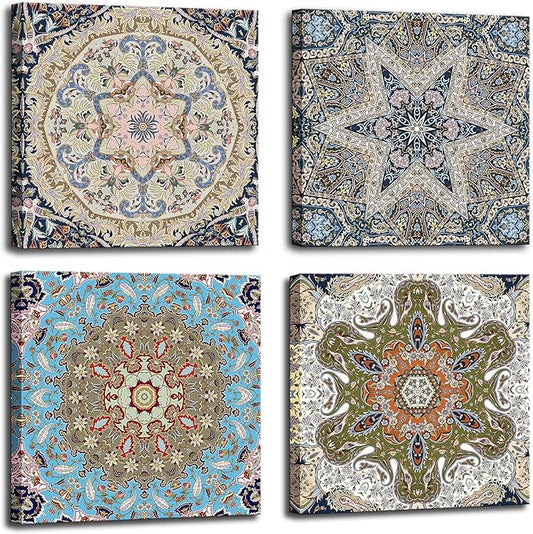 dgbtcart Bathroom Decor Mandala Wall Art, Boho Artwork Floral Pictures Painting Prints for Living Room Decoration - 12”x12”x4 Panel