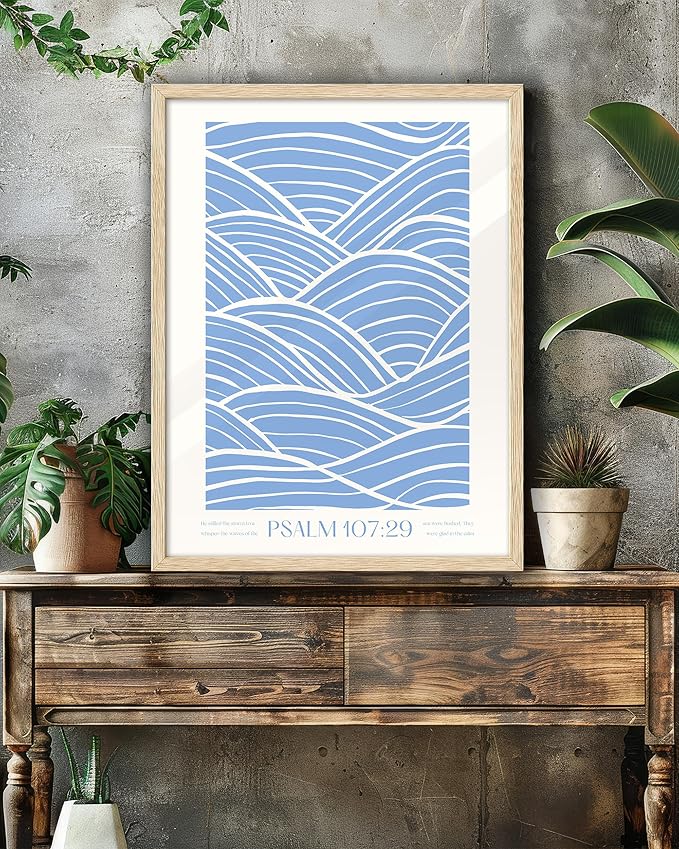 EcoHest Modern Christian Ocean Waves Framed Wall Art, 12x16 in OAK Wood Christian Psalm 107:29 Canvas Wall Art, Beige Logs Storm Home Decor Set of 1 for Bedroom Living Room