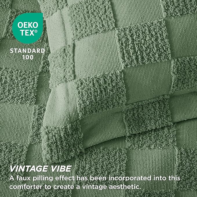 Bedsure Queen Size Comforter Set Green, Boho Tufted Bed Set, Checkered Farmhouse Shabby Chic Bedding, 3 Pieces, 1 Plaid Geometric Comforter and 2 Pillow Shams