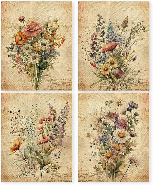 HRQKO Vintage Floral Wall Art - Retro Botanical Wildflower Artwork Printing Posters Set of 4, Unframed 8'x10' for Living Room and Bedroom