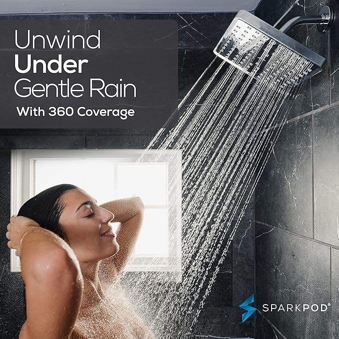 SparkPod Shower Head - High Pressure Rain - Premium Quality Luxury Design - 1-Min Install - Easy Clean Adjustable Replacement for Your Bathroom Shower Heads (Luxury Polished Chrome, 8 Inch Square)