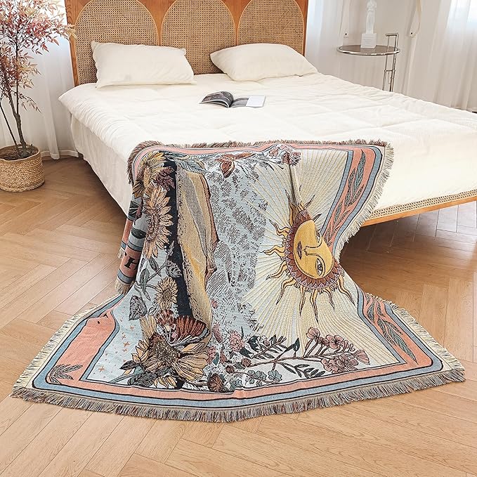 Boho Throw Blanket Reversible Cotton Bohemian Tapestry Hippie Room Decor Double Sided (Boho The Sun 50"x60")