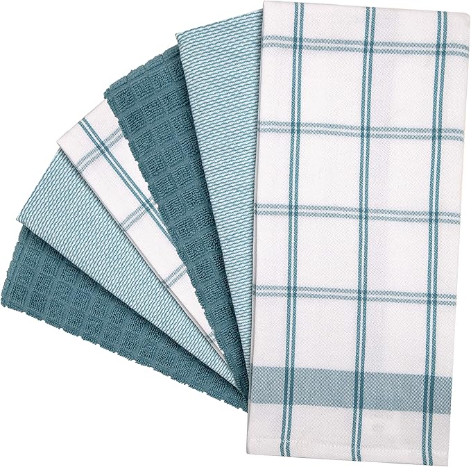 Premium Kitchen Towels (20”x 28”, 6 Pack) – Large Cotton Kitchen Hand Towels – Flat & Terry Towel – Highly Absorbent Tea Towels Set with Hanging Loop (Teal Check)
