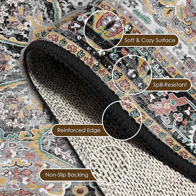 Washable Area Rug 6' x 9' Vintage Traditional Persian Mat - Foldable Distressed Non-Slip Machine Washable Carpet for Living Room Bedroom Kitchen Home Decor - Slate and Multicolor