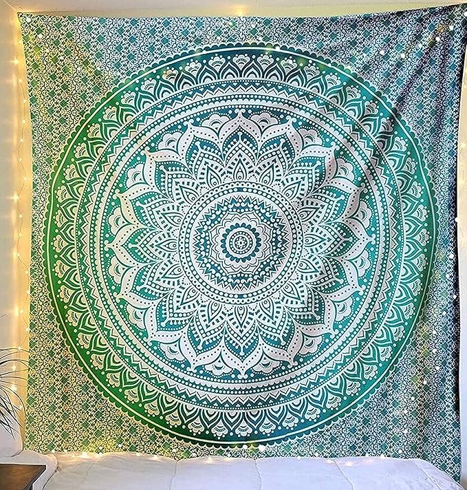RAJRANG Extra Large King Size Mandala Tapestry for Bedroom and Living Room Wall Hanging Cotton Ombre Tapestries Sea Green 90x108 Inch