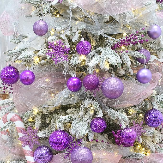 Sea Team 41-Pack Christmas Ball Ornaments with Strings, 60mm/2.36-Inch Medium Size Baubles, Shatterproof Plastic Christmas Bulbs, Hanging Decorations for Xmas Tree, Holiday, Wedding, Party, Lavender