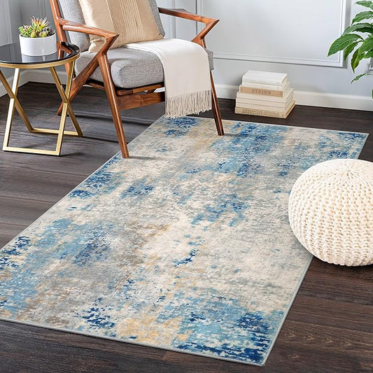 Lahome Modern Abstract Area Rug 3x5, Washable Bedroom Rug Soft Throw Entry Mat Contemporary Faux Wool Non-Slip Stain Resistant Carpet for Living Room Kitchen Bath Office, Blue/Yellow/Ivory