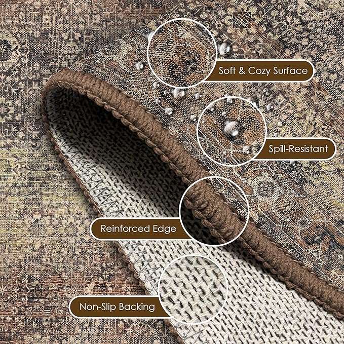 Washable Area Rug 6' x 9' Vintage Traditional Persian Mat - Foldable Distressed Non-Slip Machine Washable Carpet for Living Room Bedroom Kitchen Home Decor - Umber and Slate