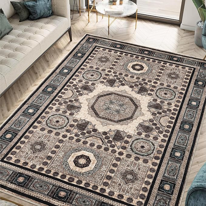 Keen Home Design 6x9 Rug - Machine Washable Area Rug with Non-Slip Backing, Ideal for Living Room, Dining Room, Bedroom - Vintage, Easy Clean, Durable, Low Pile Rug - (6' x 9')